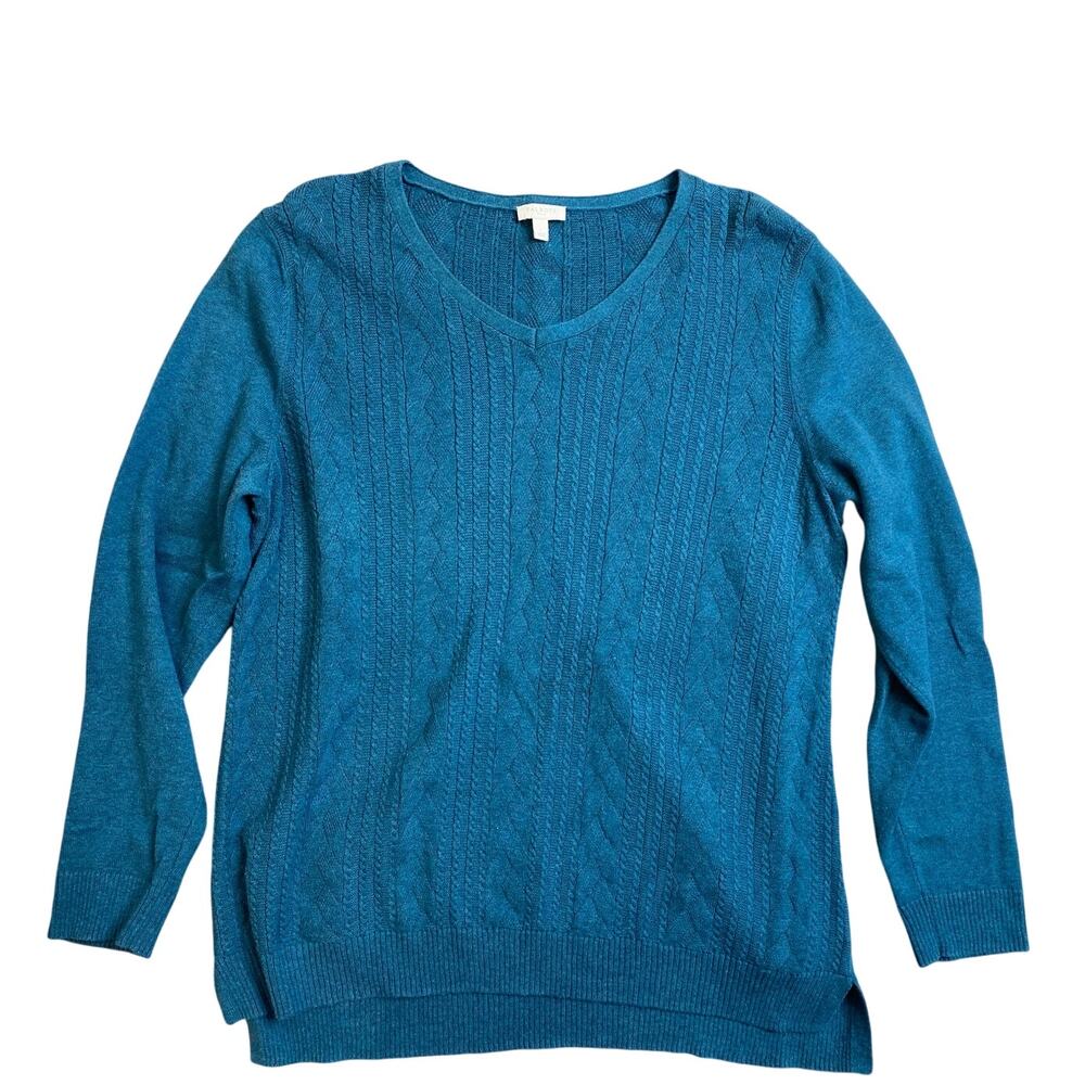 Talbots Women's Cable Knit V-Neck Sweater, Large, Teal Blue